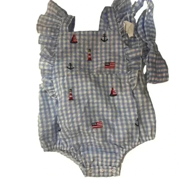 Mud Pie Patriotic Bubble Blue White Gingham Embroidered Flags Sail Boats 6-9 M - Picture 1 of 3
